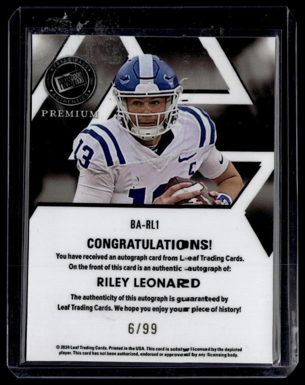 2024 Press Pass Premium #BA-RL1 Riley Leonard Autographs #/99
