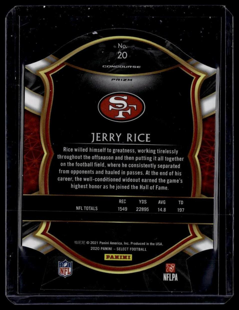 2020 Panini Select #20 Jerry Rice Purple Prizm Die Cut