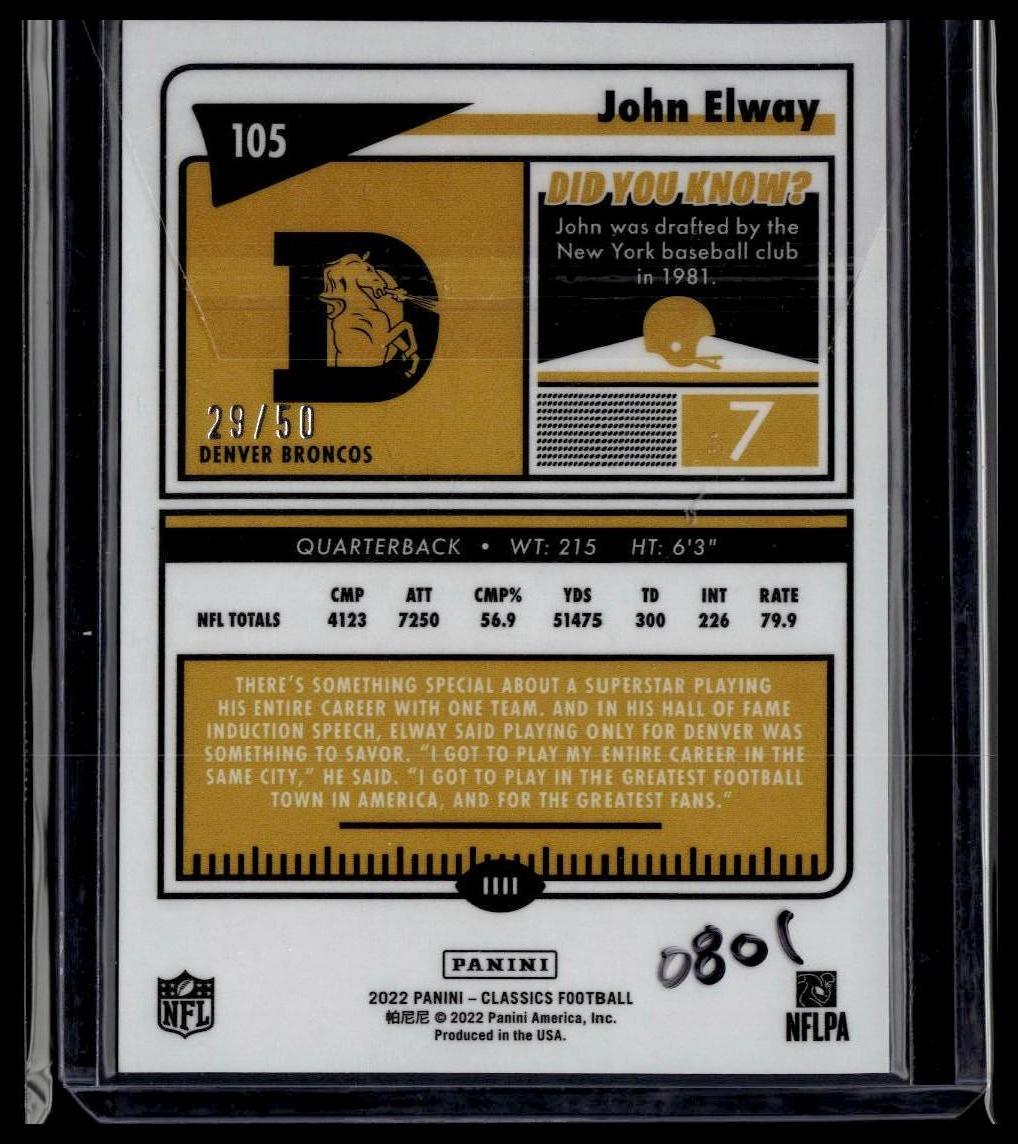 2022 Panini Classics #105 John Elway Timeless Tributes Purple #/50