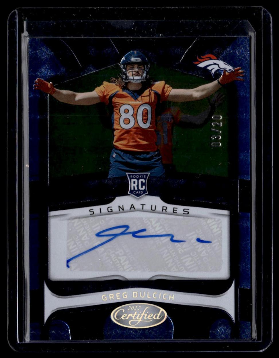 2022 Panini Certified #RS-GD Greg Dulcich Rookie Signatures Blue Etch #/20