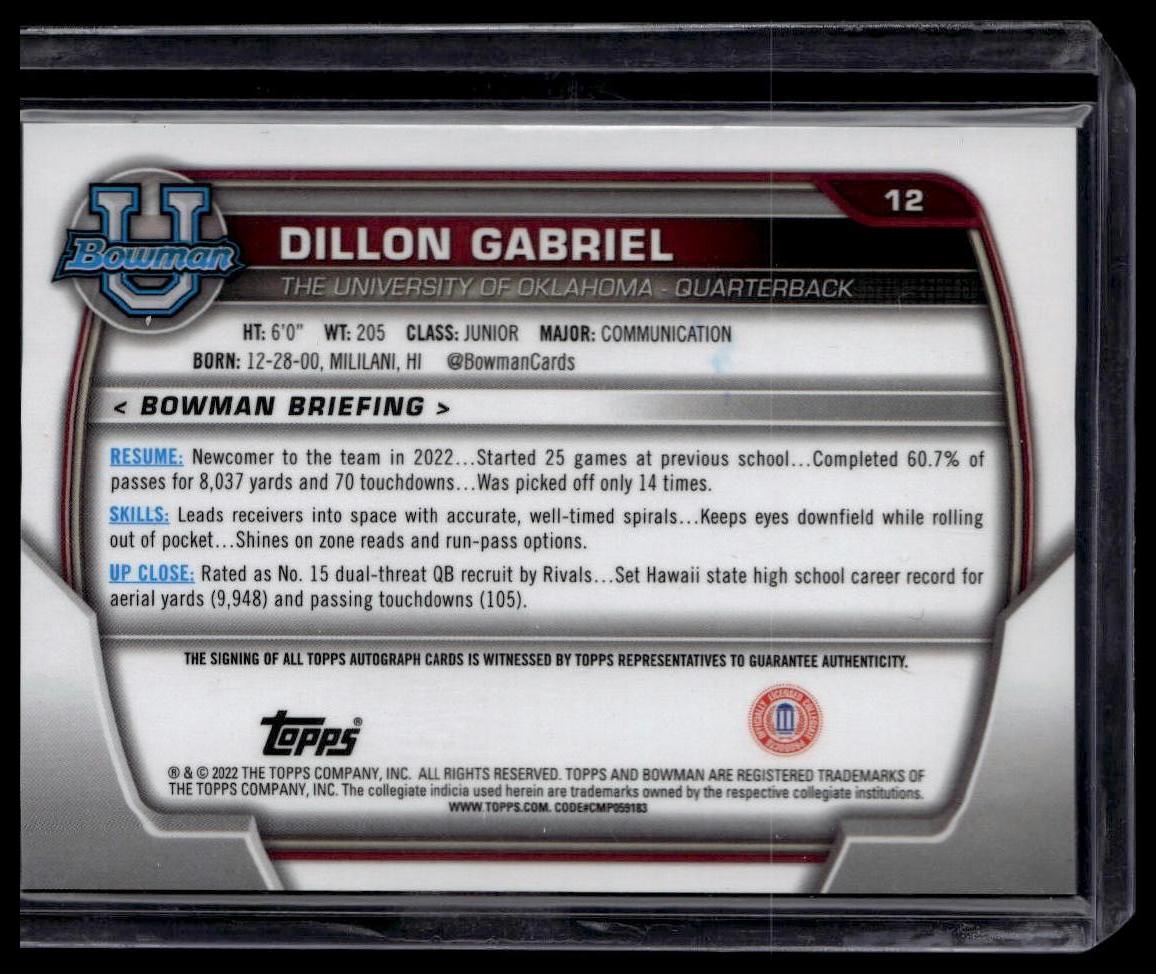 2022 Bowman University Chrome #12 Dillon Gabriel Prospect Autographs
