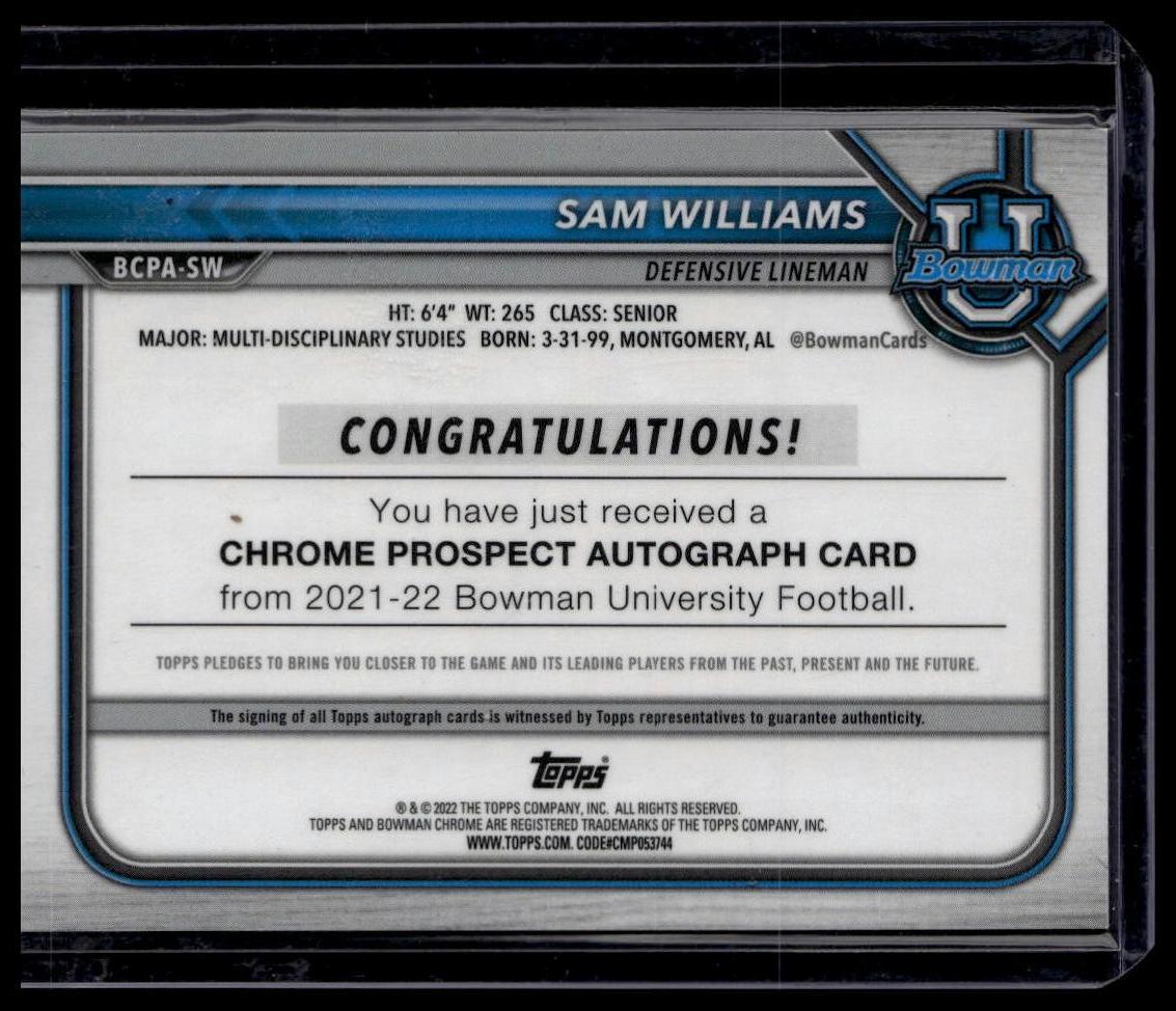 2021-22 Bowman University Sam Williams Chrome Prospects Autographs