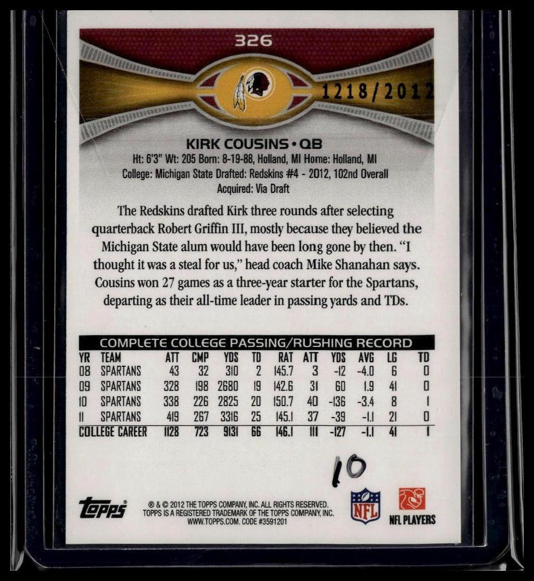 2012 Topps #326 Kirk Cousins Gold #/2012