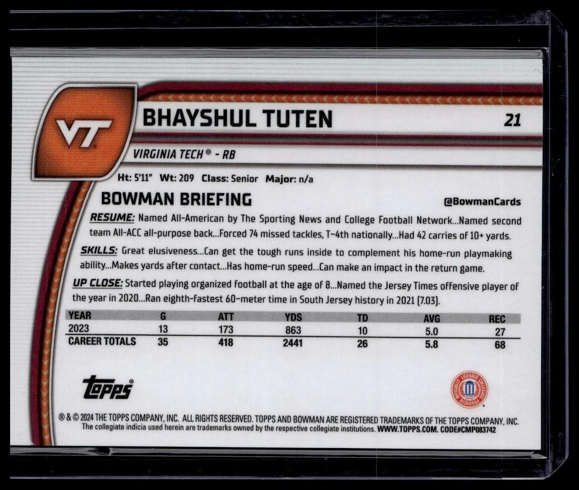 2024 Bowman University Chrome #21 Bhayshul Tuten Green Shimmer Refractor #/99