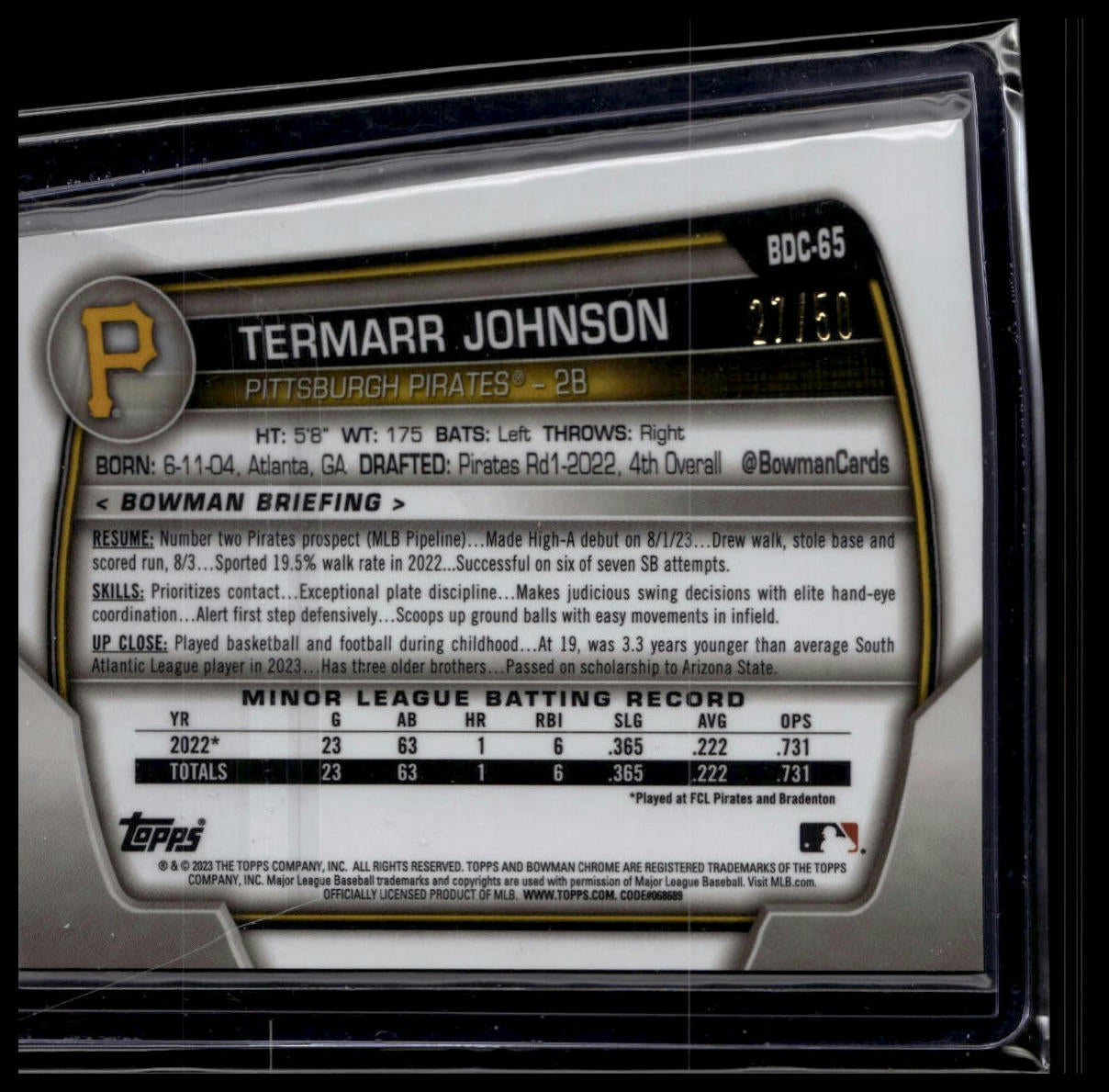 2023 Bowman Draft Sapphire Edition #BDC-65 Termarr Johnson Gold Refractor #/50