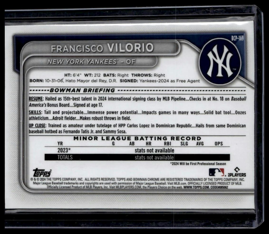 2024 Bowman Chrome #BCP-169 Francisco Vilorio Prospects Shimmer Refractors
