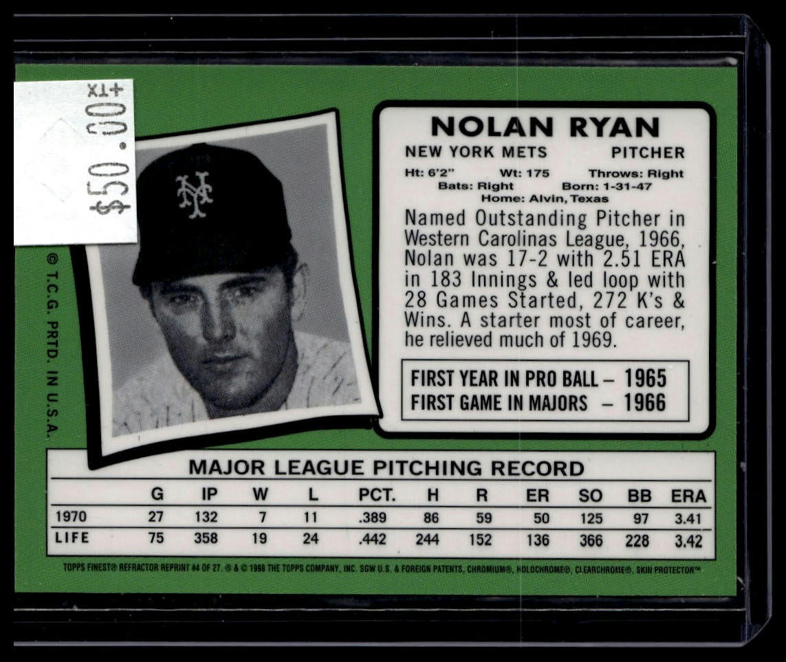 1999 Topps #4 Nolan Ryan Nolan Ryan Commemorative Reprints Finest Refractor
