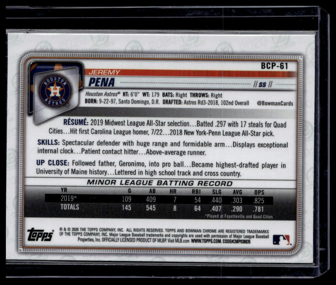 2020 Bowman #BCP-61 Jeremy Pena Chrome Prospects Mojo Refractor