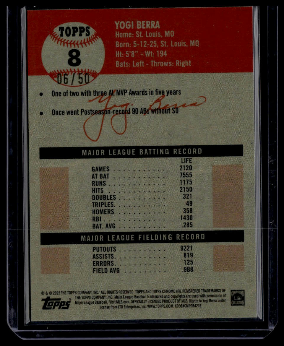 2022 Topps Chrome Platinum #8 Yogi Berra Platinum Toile Cream/Gold Refractor /50