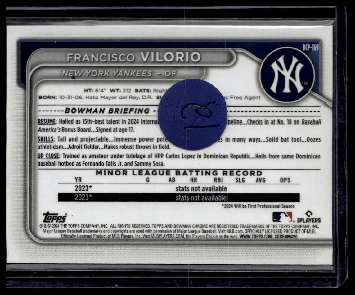 2024 Bowman Chrome #BCP-169 Francisco Vilorio Green Mojo Refractors /99