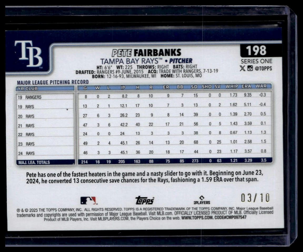 2025 Topps #198 Pete Fairbanks Black Diamante #/10