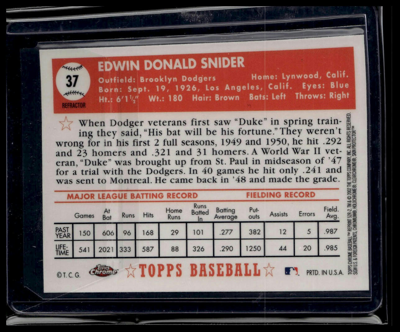 2002 Topps Chrome #52R-2 Duke Snider 1952 Reprints Refractors