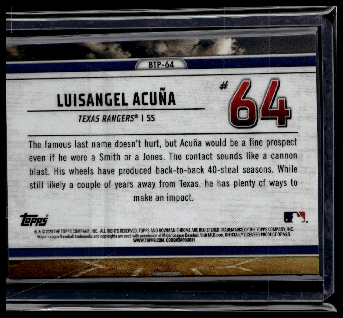 2023 Bowman #BTP-64 Luisangel Acuña Bowman Scouts Top 100 Green Refractors #/99