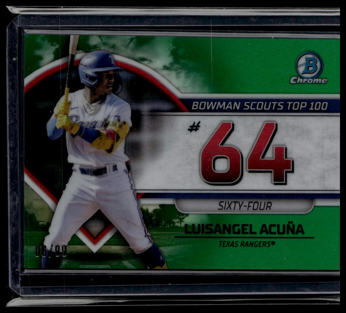 2023 Bowman #BTP-64 Luisangel Acuña Bowman Scouts Top 100 Green Refractors #/99