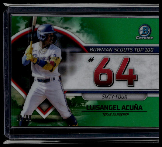 2023 Bowman #BTP-64 Luisangel Acuña Bowman Scouts Top 100 Green Refractors #/99