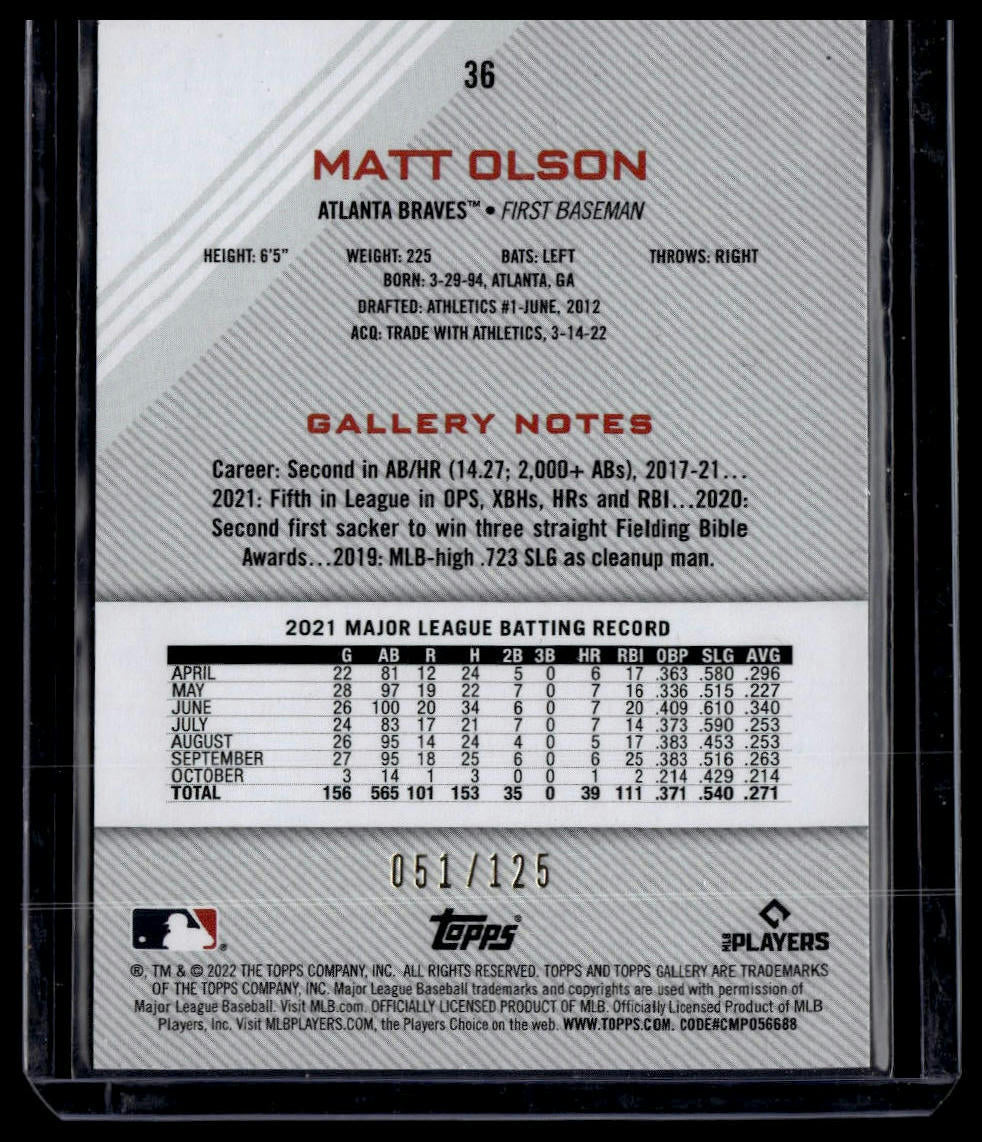 2022 Topps Gallery #36 Matt Olson Green #/125