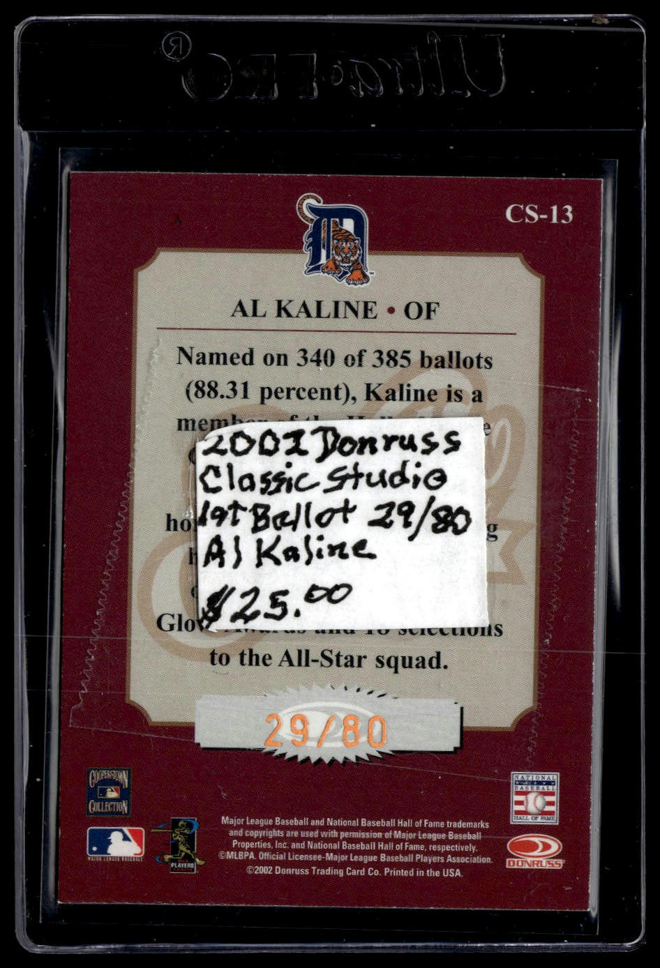 2002 Donruss Studio #CS-13 Al Kaline Classic First Ballot #/80