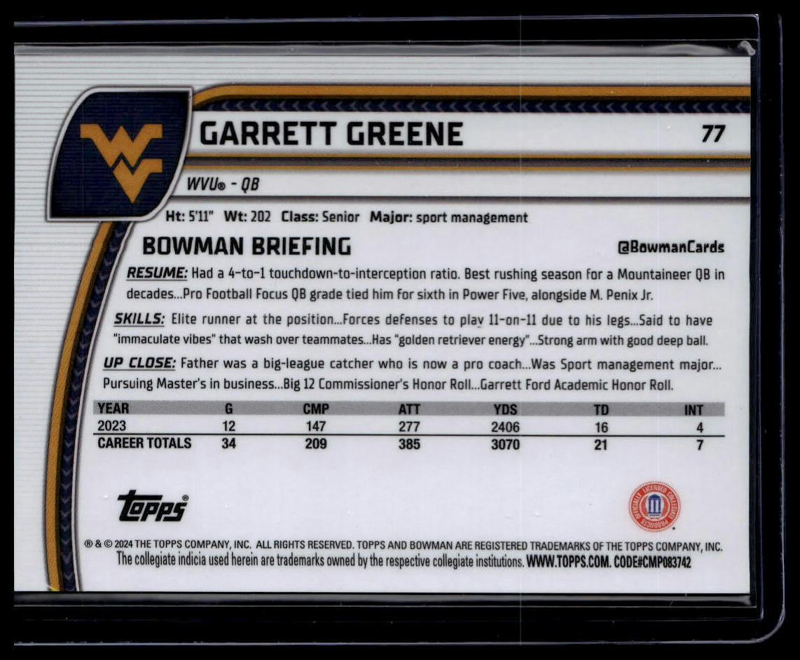 2024 Bowman University Chrome #77 Garrett Greene Gold Shimmer Refractor #/50