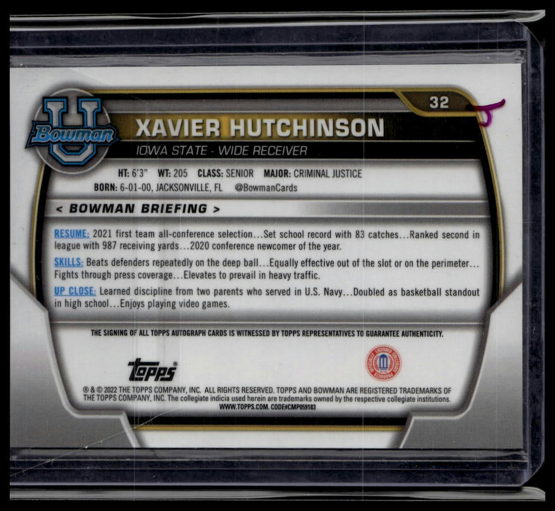 2022 Bowman University Chrome #32 Xavier Hutchinson Prospect Autographs