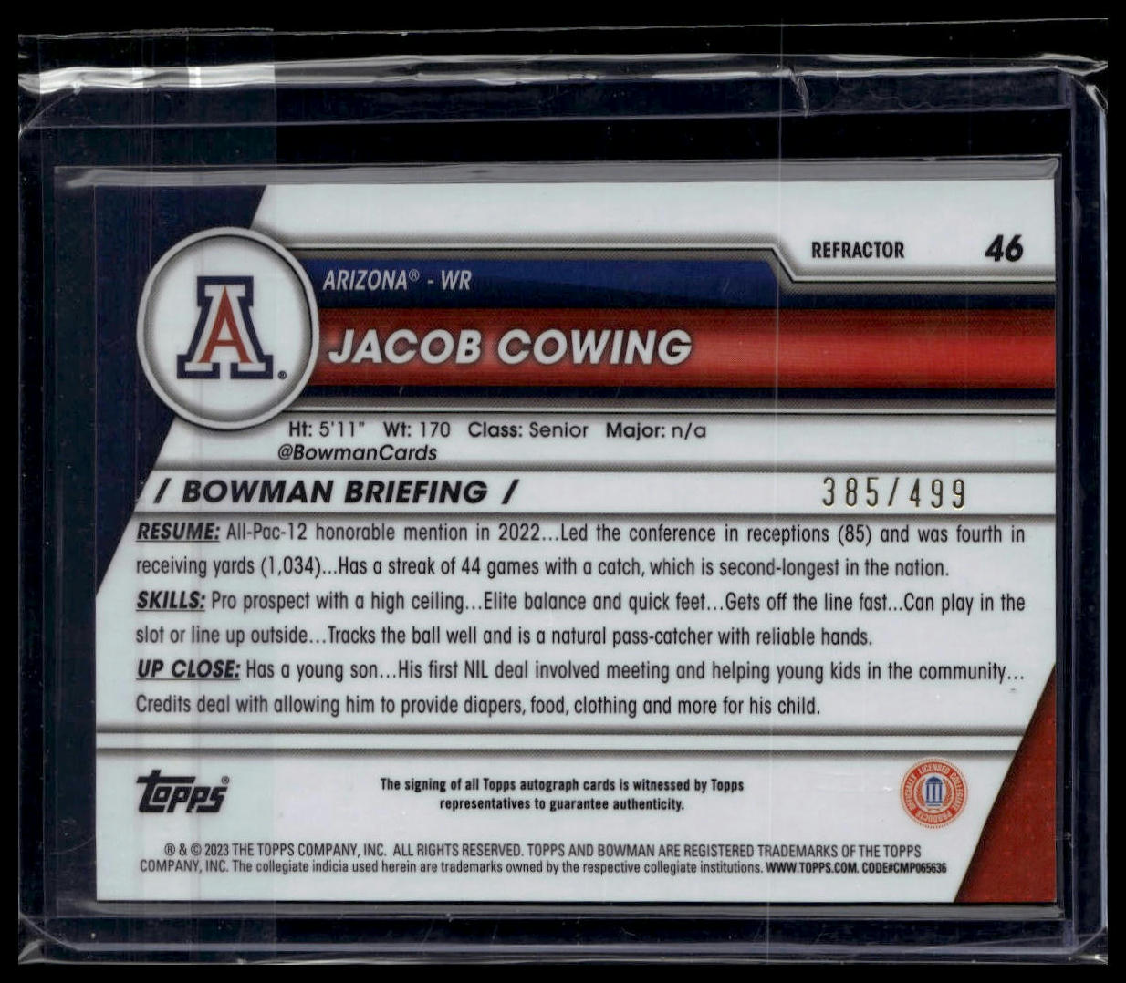 2023 Bowman University Chrome #46 Jacob Cowing Autographs Refractor /499