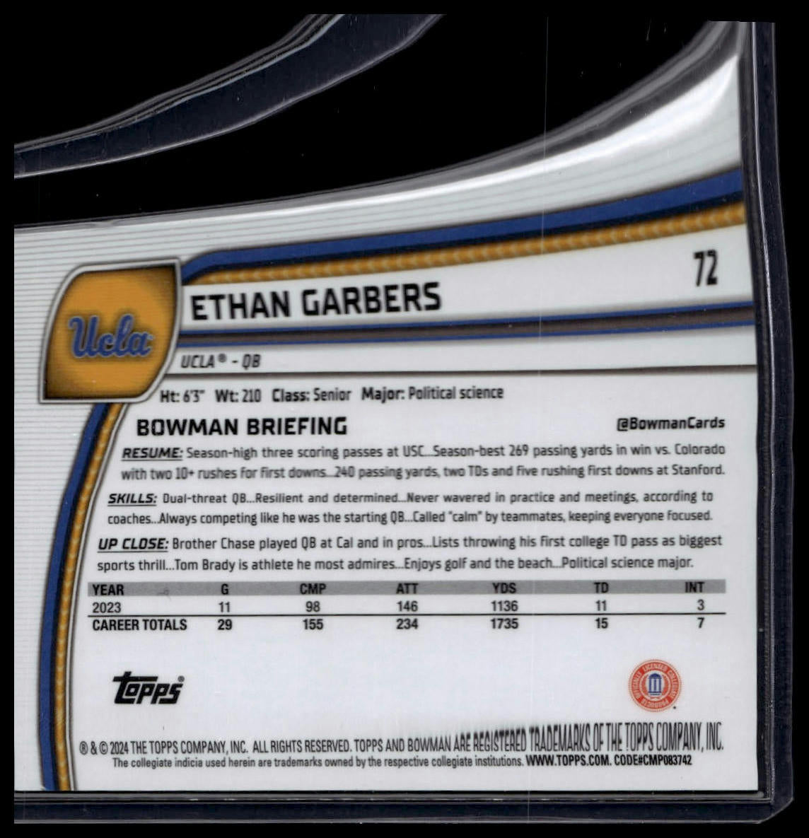 2024 Bowman U Chrome #72 Ethan Garbers Aqua Diamond Refractor /275