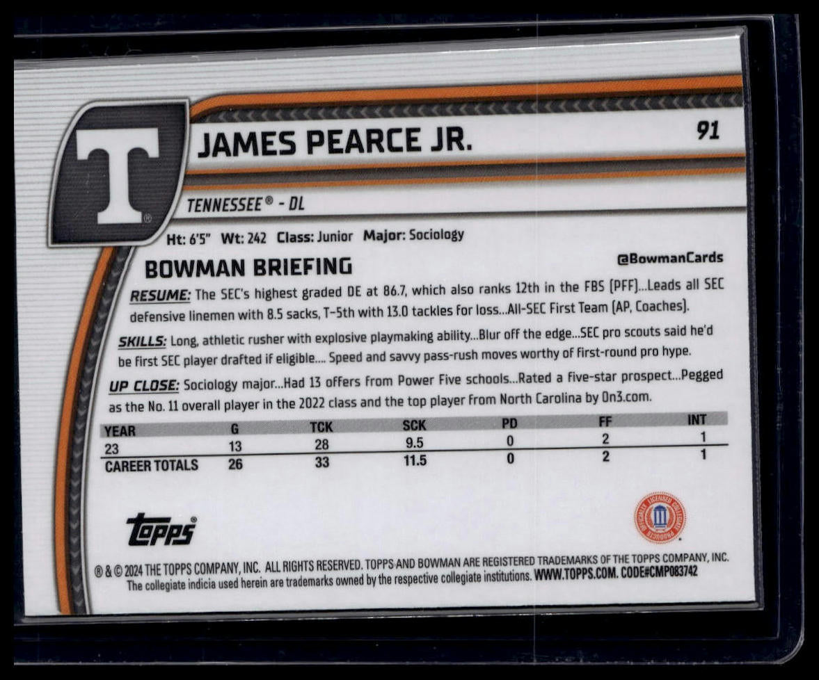 2024 Bowman University Chrome #91 James Pearce Jr. Teal Lava Refractor