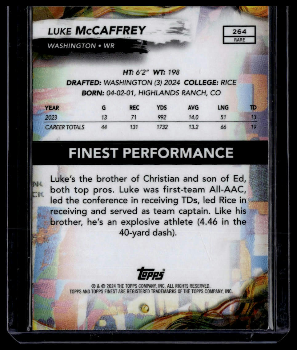 2024 Finest #264 Luke McCaffrey Sky Blue Refractor #/150