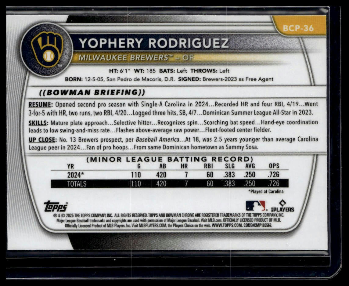 2025 Bowman #BCP-36 Yophery Rodriguez Chrome Prospects Mojo Refractor