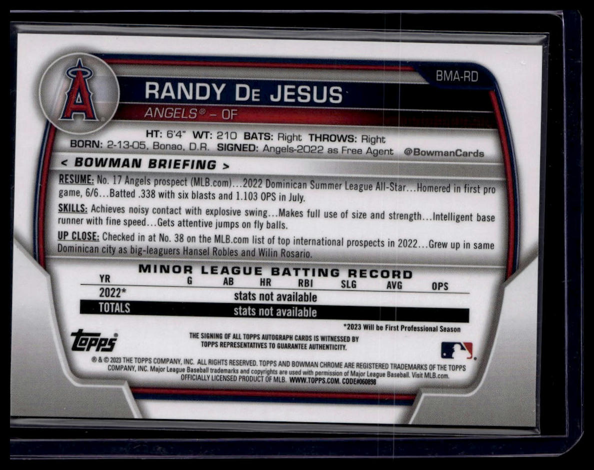 2023 Bowman #BMA-RD Randy De Jesus Chrome Prospects Autographs Mojo Refractors