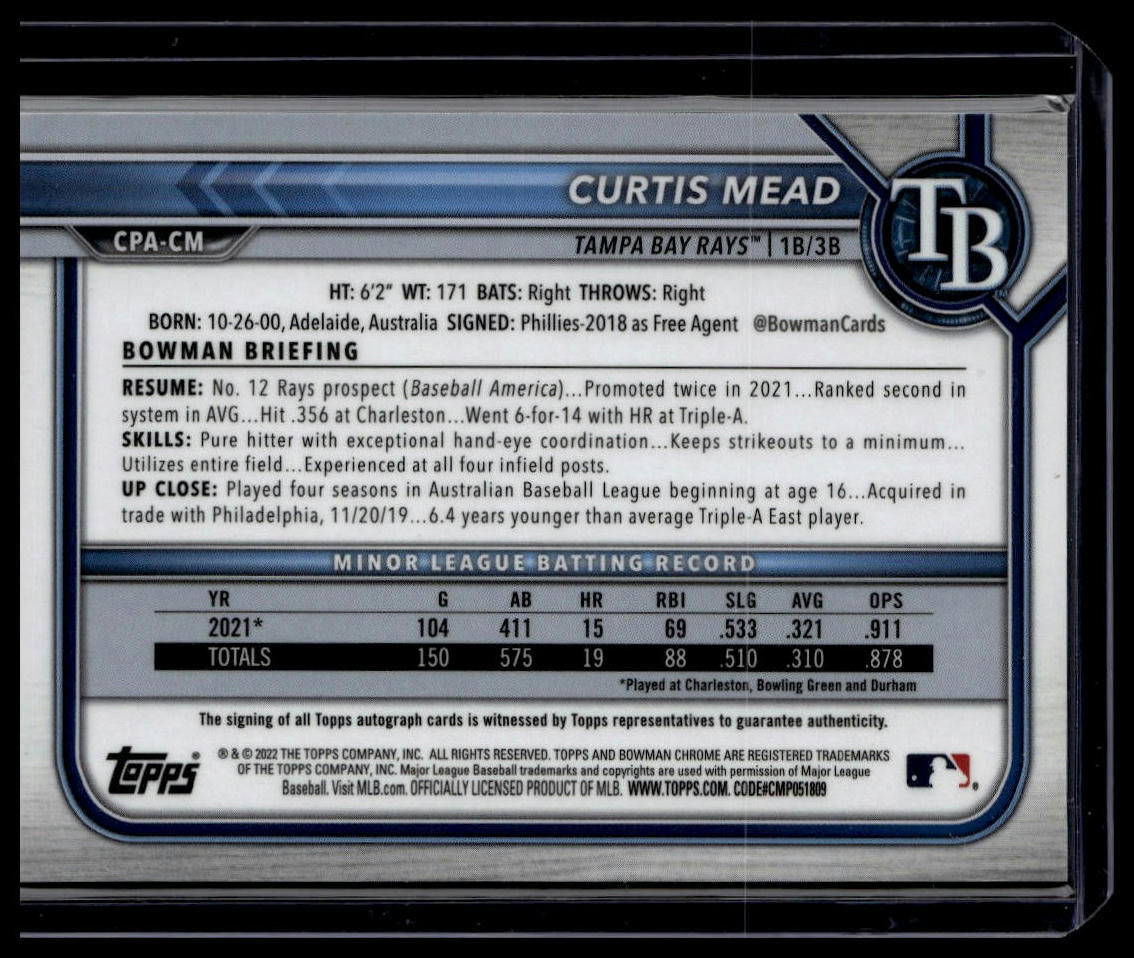 2022 Bowman #CPA-CM Curtis Mead Chrome Prospects Autographs
