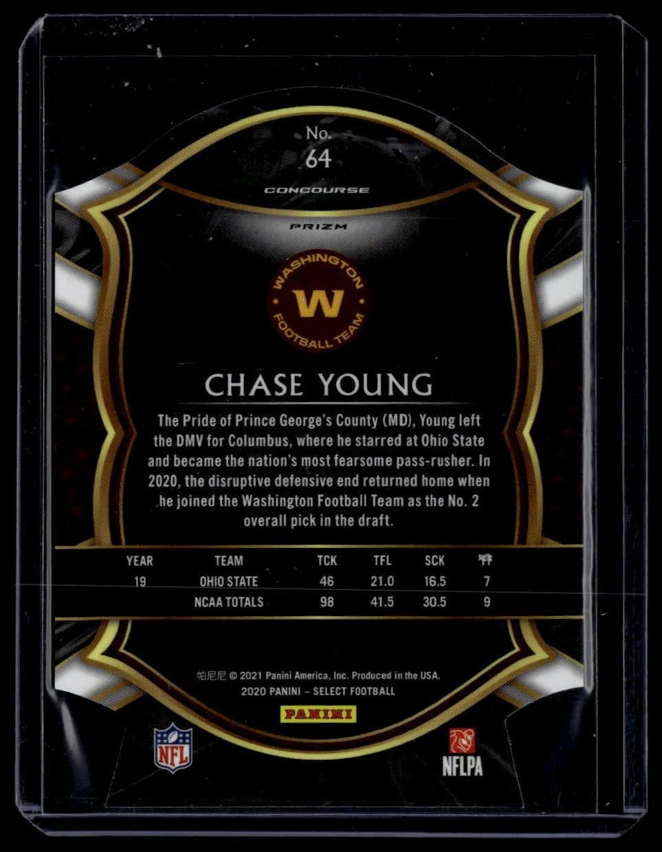 2020 Panini Select #64 Chase Young Blue Prizm Die Cut