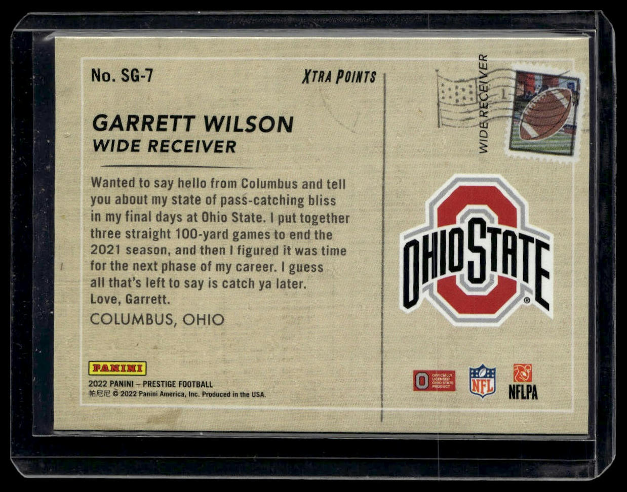 2022 Prestige #SG-7 Garrett Wilson Seasons Greetings Xtra Points Red /449
