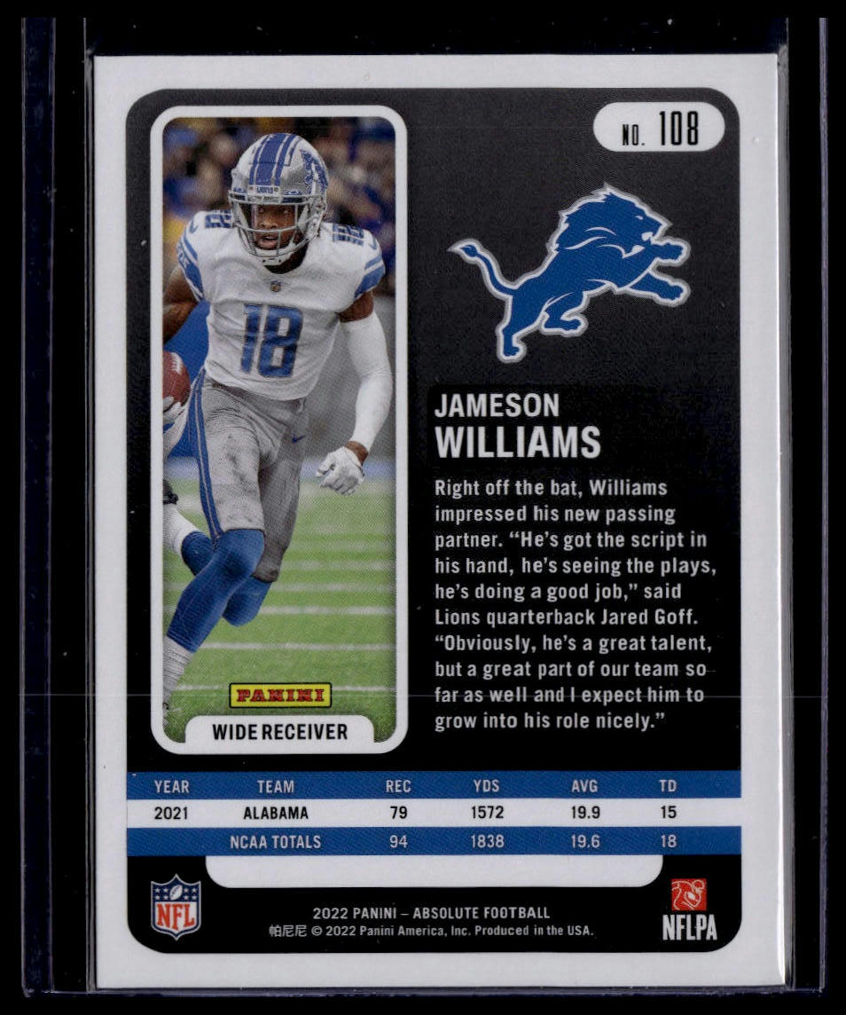 2022 Panini Absolute #108 Jameson Williams Green