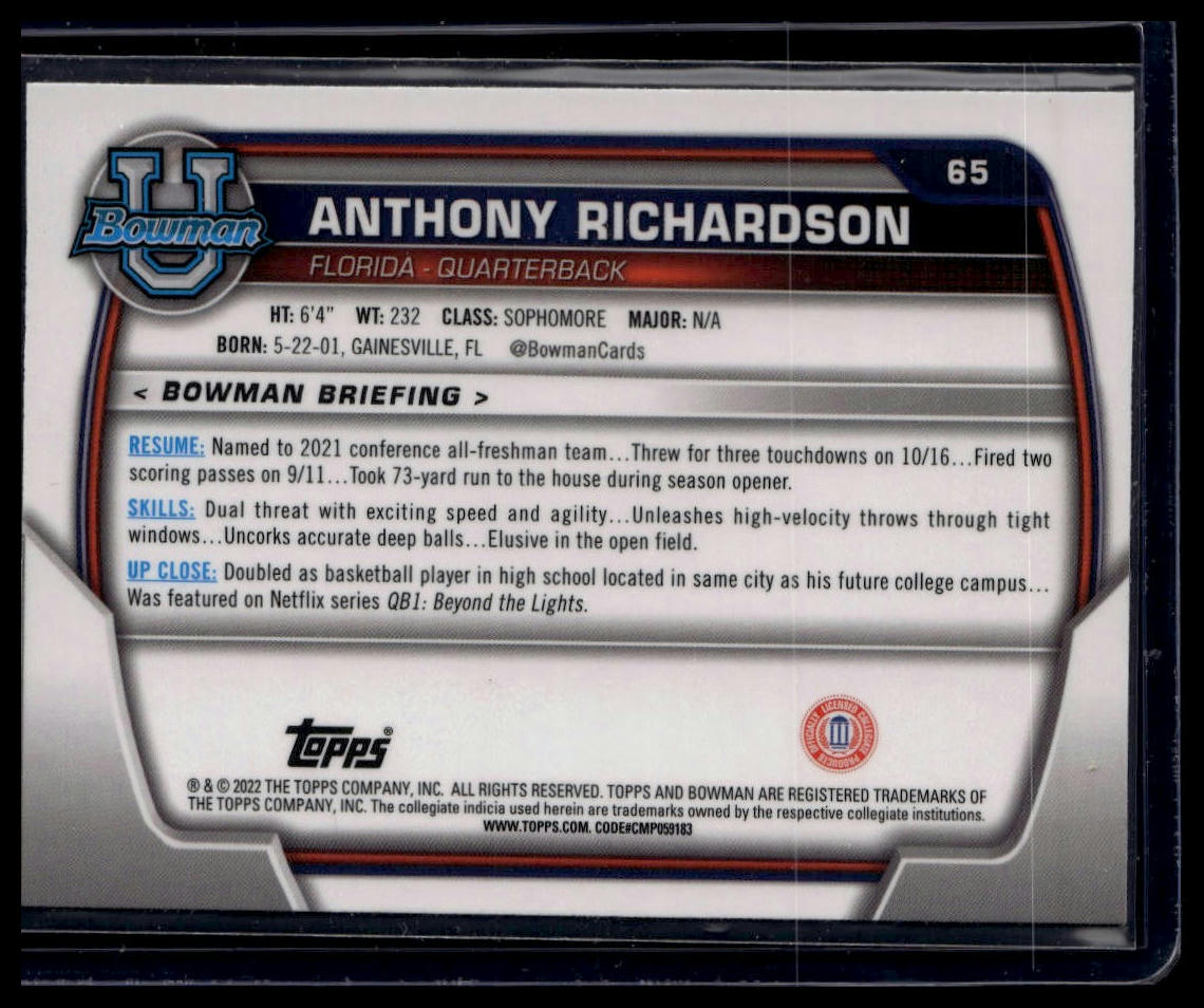 2022 Bowman University Chrome #65 Anthony Richardson