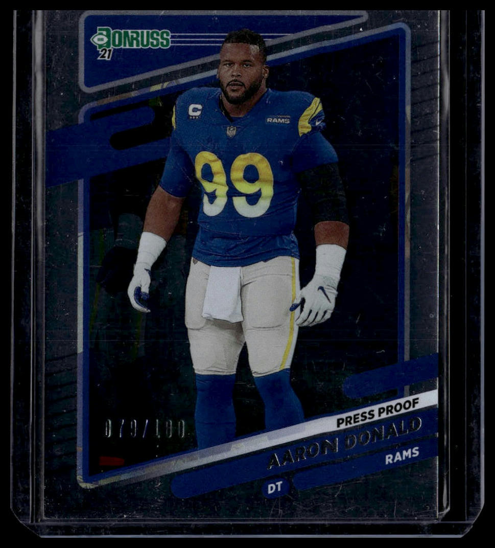 2021 Donruss #140 Aaron Donald Press Proof Silver No Helmet #/100