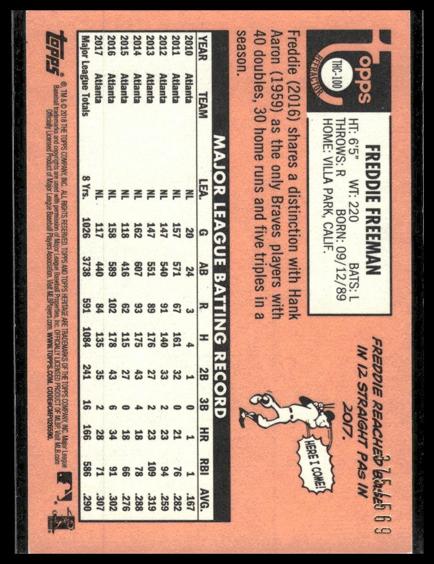 2018 Topps Heritage #THC-100 Freddie Freeman Chrome Refractor #/569