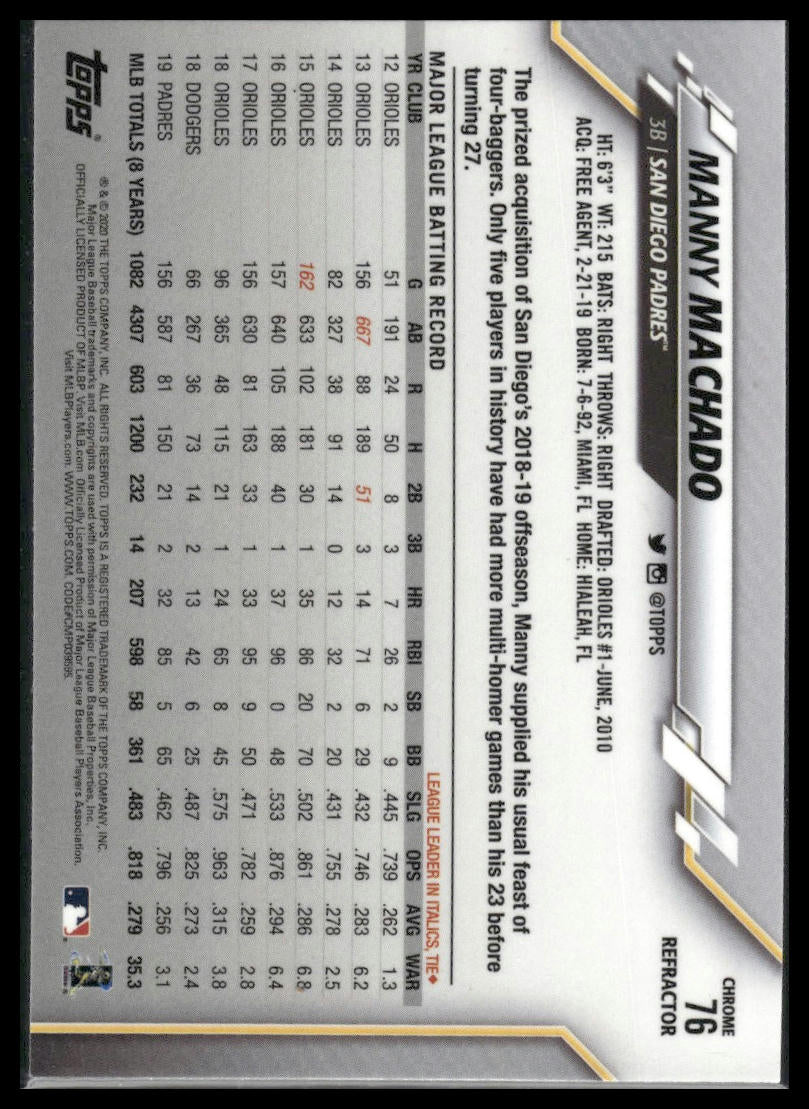 2020 Topps Chrome #76 Manny Machado X-Fractor Refractor