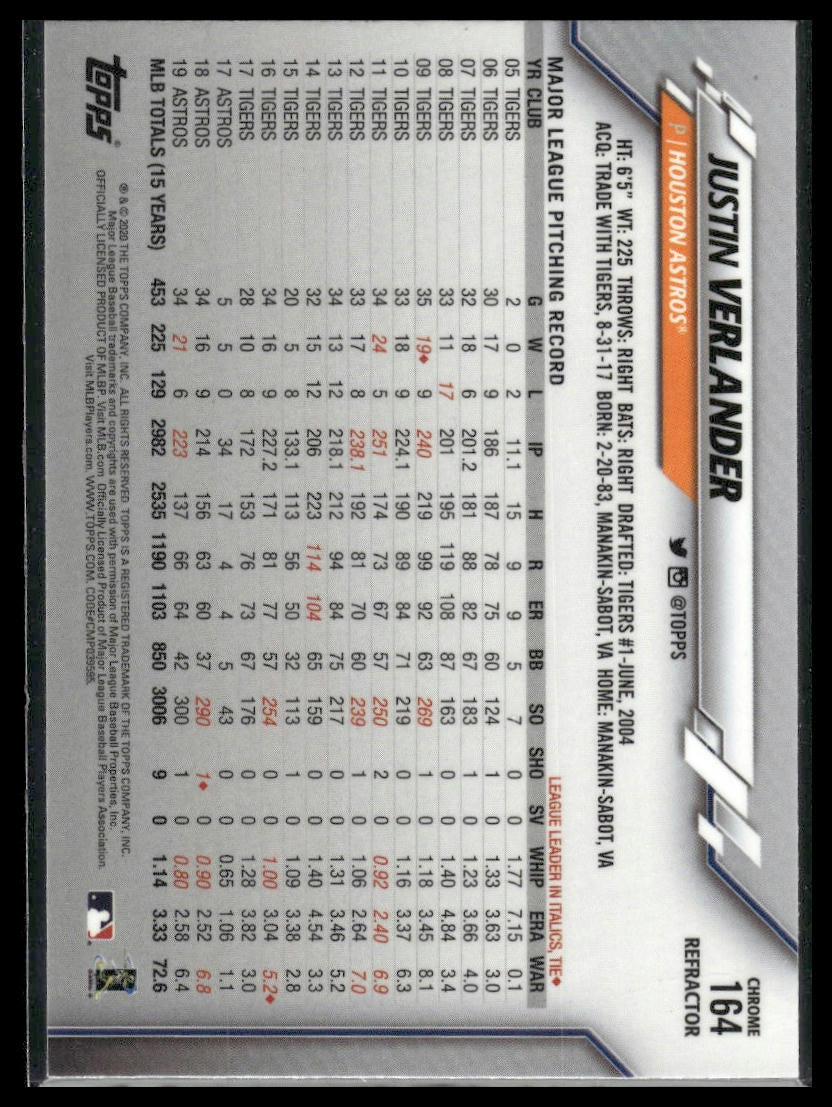 2020 Topps Chrome #164 Justin Verlander X-Fractor Refractor