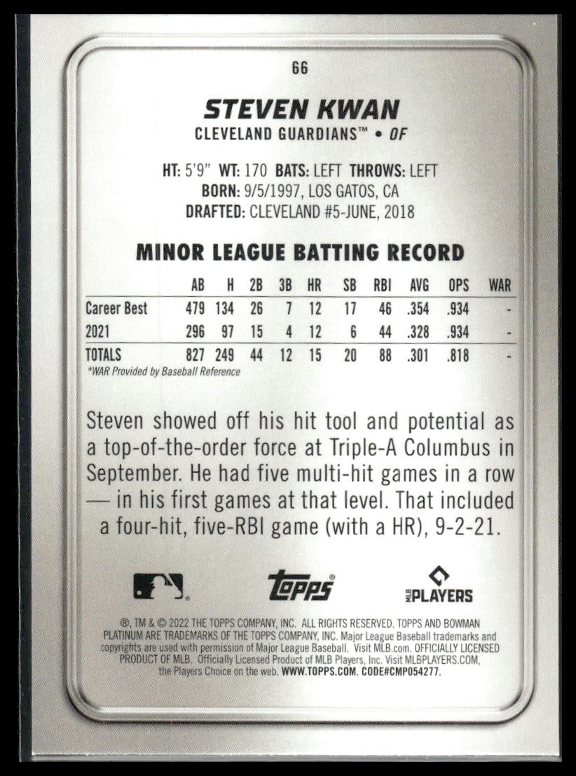 2022 Bowman Platinum #66 Steven Kwan