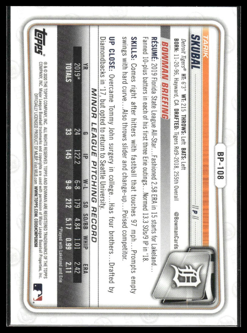 2020 Bowman #BP-108 Tarik Skubal Prospects Camo