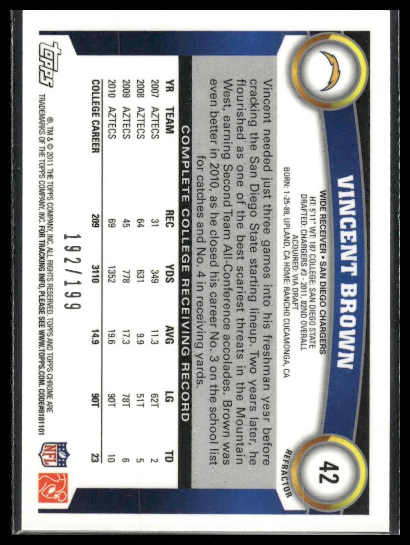 2011 Topps Chrome #42 Vincent Brown Blue Refractors #/199