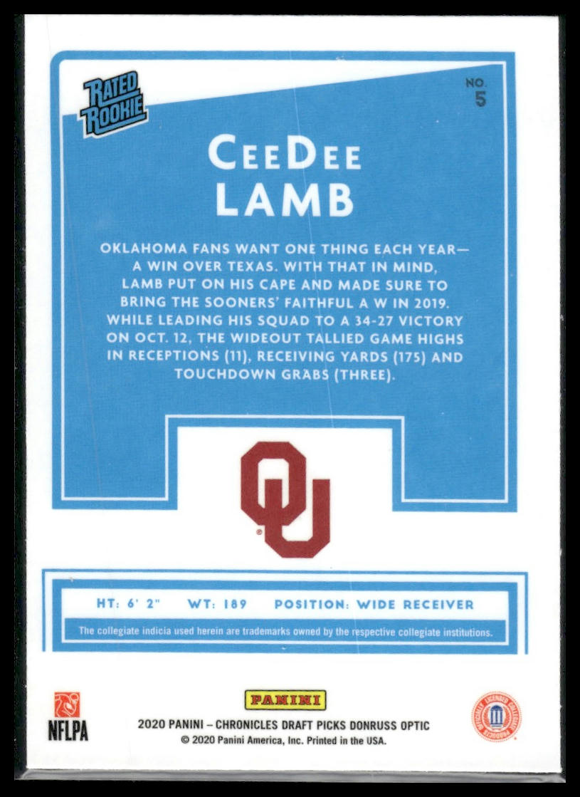 2020 Panini Chronicles Draft #5 CeeDee Lamb Optic Rated Rookies