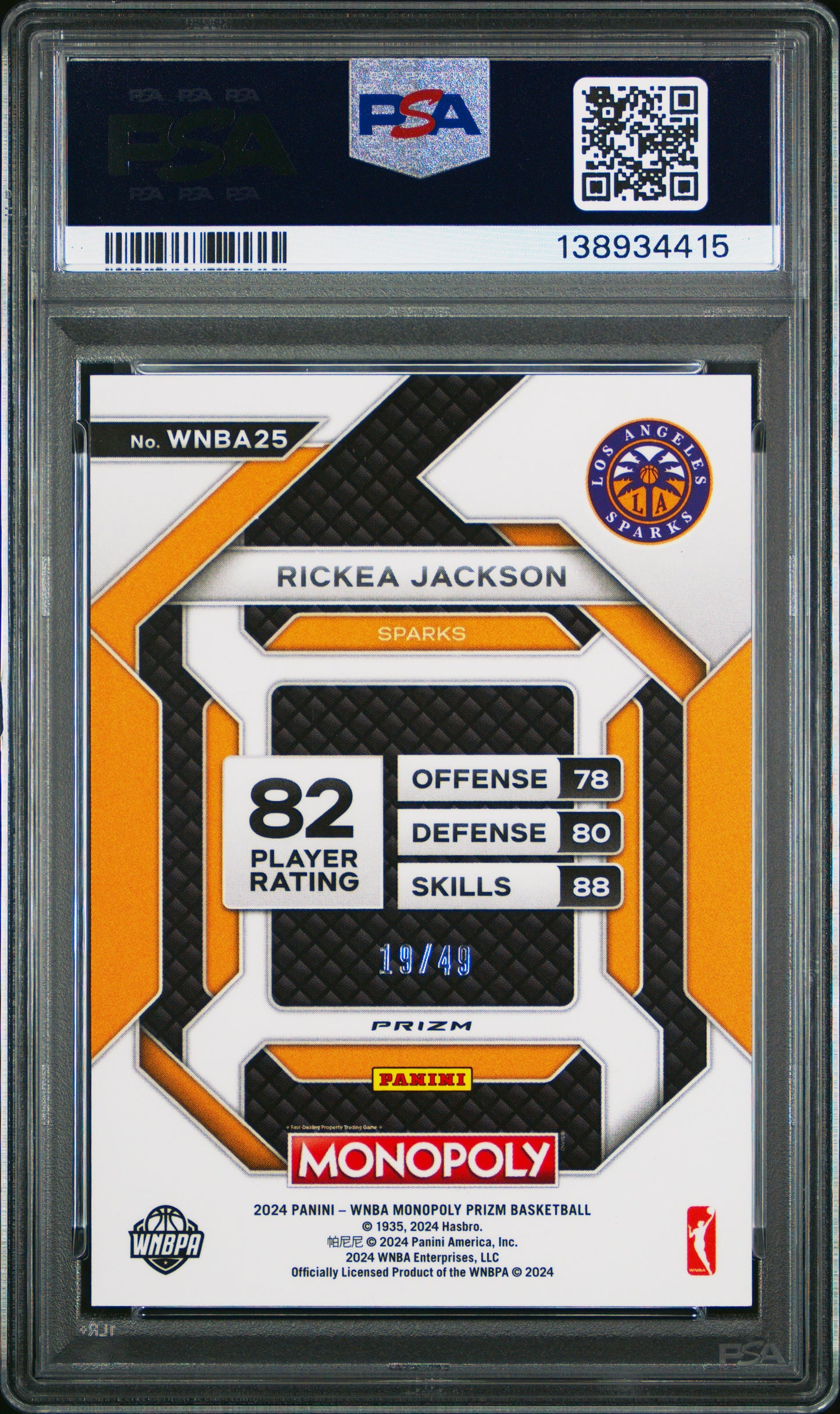 2024 Prizm Monopoly Wnba Insert #25 Rickea Jackson Gold Prizm PSA 10 /49