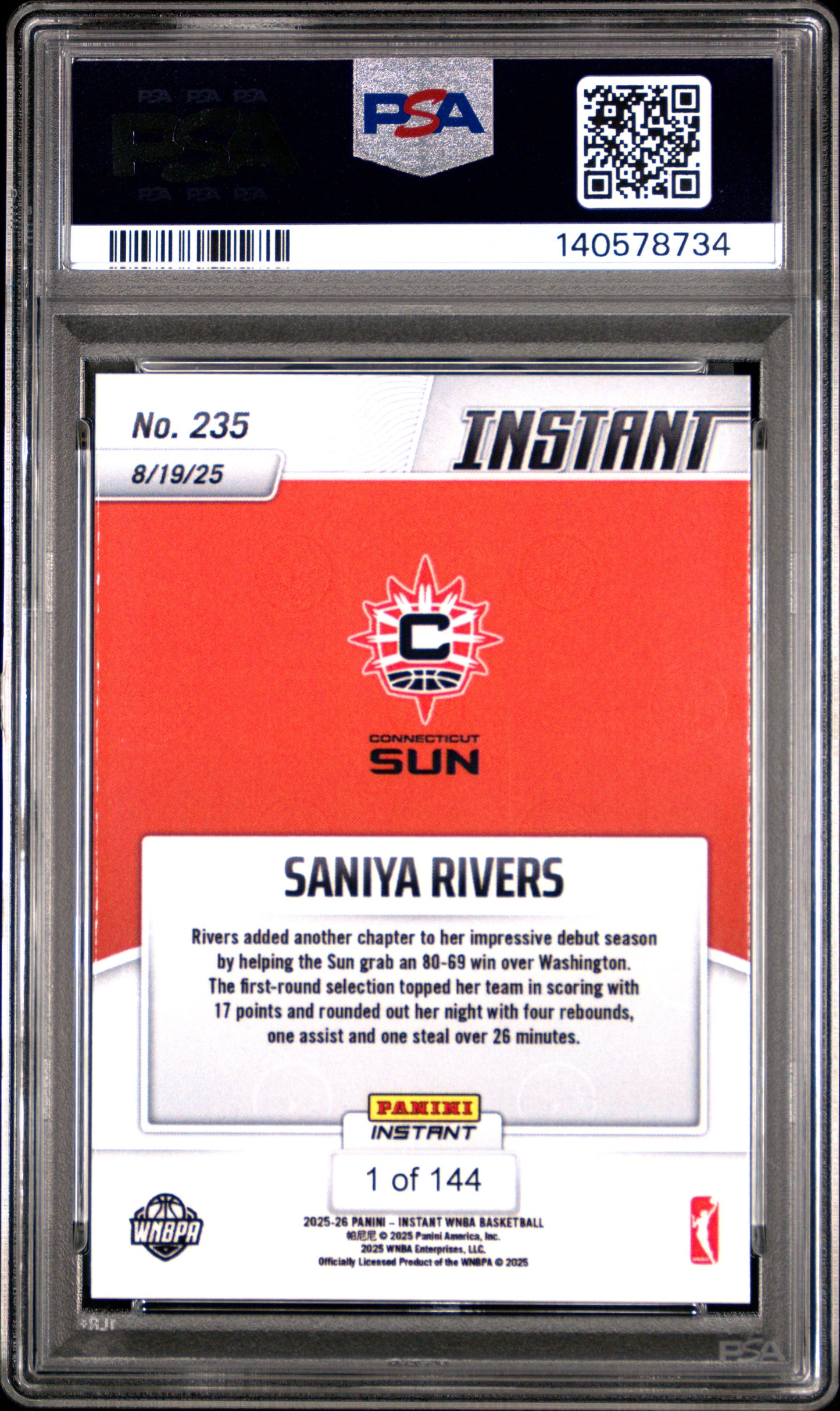 2025 Panini Instant Wnba #235 Saniya Rivers PSA 8