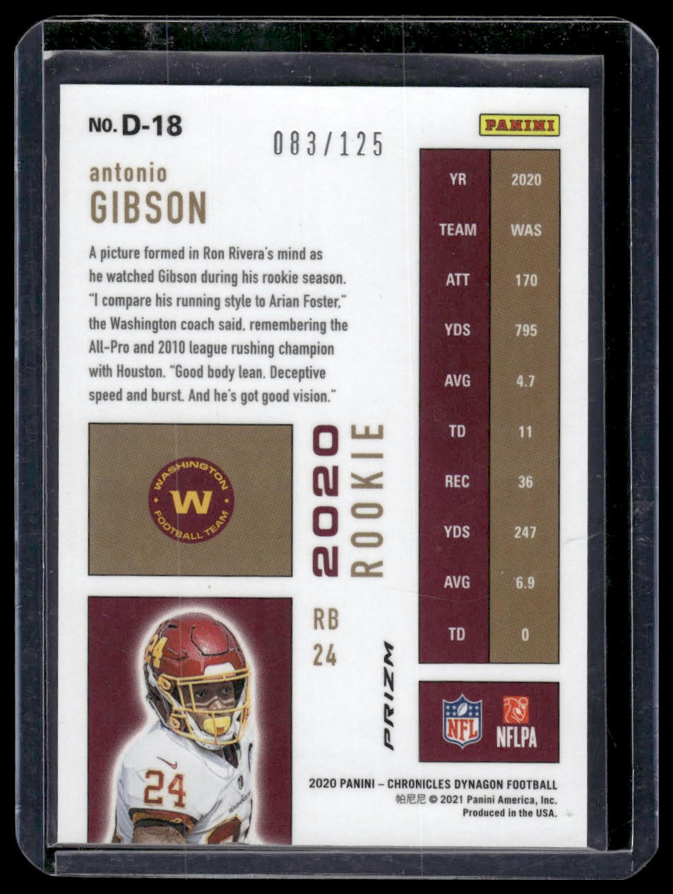 2020 Panini Chronicles #D-18 Antonio Gibson Dynagon Rookies Purple #/125