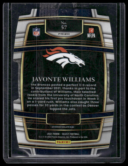 2021 Panini Select #57 Javonte Williams Red and Yellow Prizm Die Cut