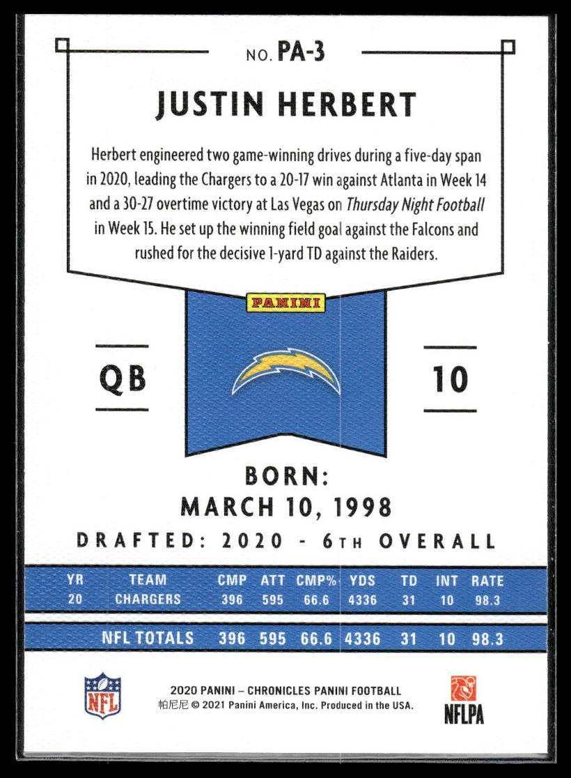 2020 Panini Chronicles #PA-3 Justin Herbert Panini