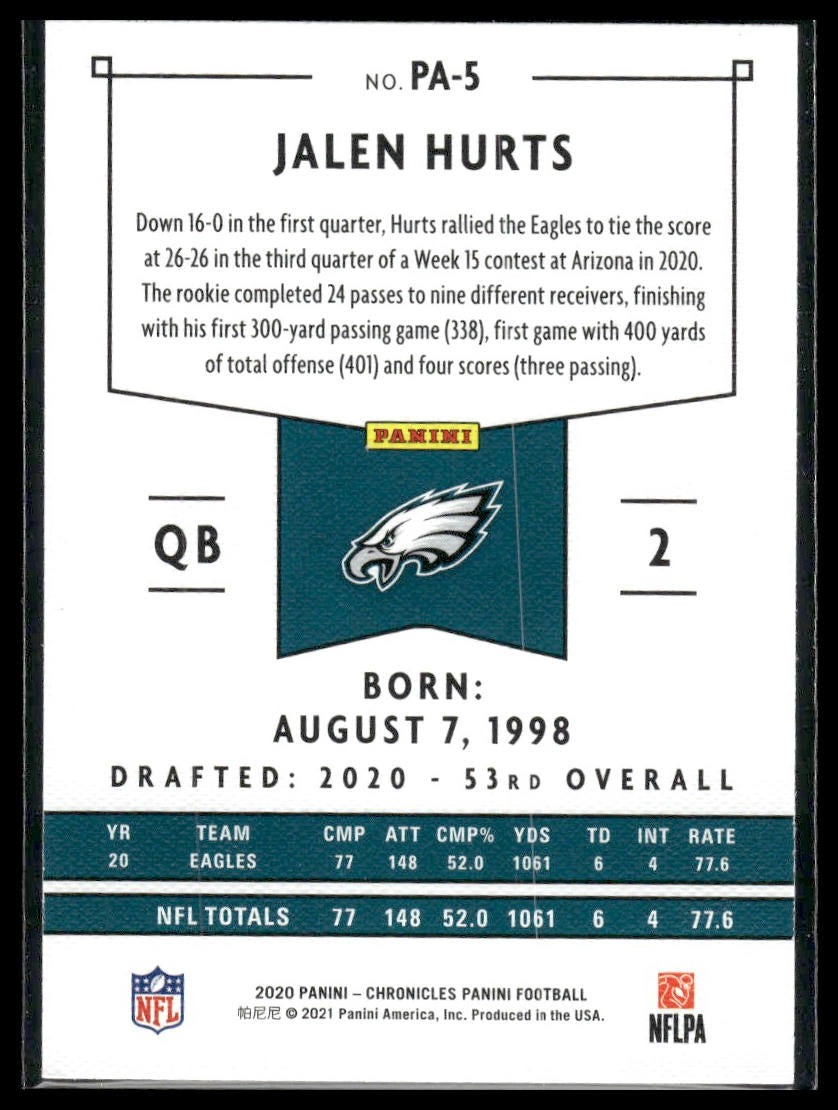 2020 Panini Chronicles #PA-5 Jalen Hurts Panini