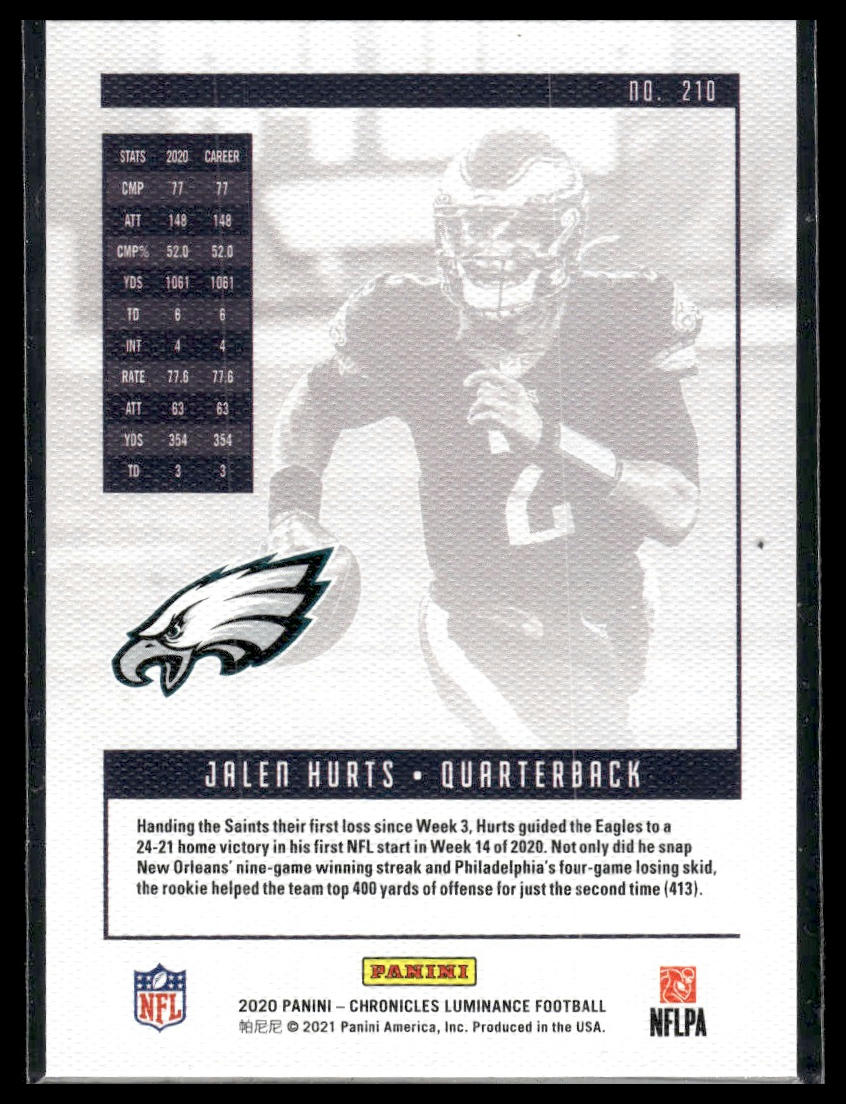 2020 Panini Chronicles #210 Jalen Hurts Luminance Update Rookies